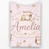 Cute Woodland Owls with Mushrooms Leaves Soft Blush Background  Personalised Custom Name Super Soft Fleece Blanket Bed Sofa Throw