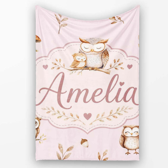 Cute Woodland Owls with Mushrooms Leaves Soft Blush Background  Personalised Custom Name Super Soft Fleece Blanket Bed Sofa Throw