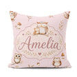 Custom Name Cute Woodland Owls with Leaves Soft Blush Background Square Filled Cushion Throw Pillow Sofa Bed Home Decor Zip Washable UK Made