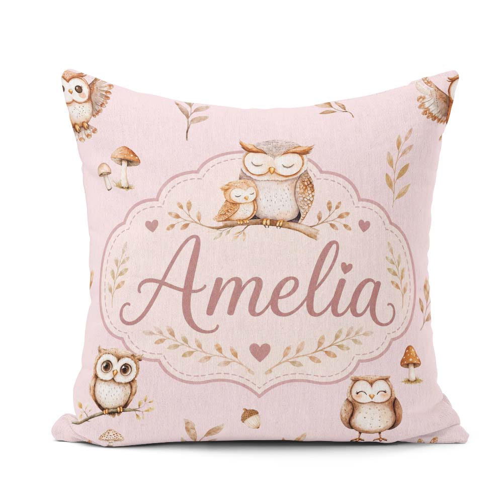 Custom Name Cute Woodland Owls with Leaves Soft Blush Background Square Filled Cushion Throw Pillow Sofa Bed Home Decor Zip Washable UK Made