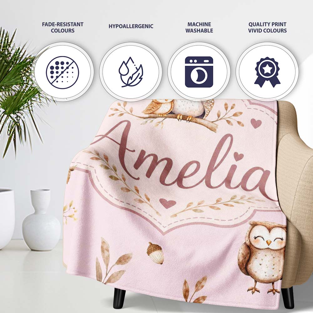 Cute Woodland Owls with Mushrooms Leaves Soft Blush Background  Personalised Custom Name Super Soft Fleece Blanket Bed Sofa Throw