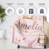 Cute Woodland Owls with Mushrooms Leaves Soft Blush Background  Personalised Custom Name Super Soft Fleece Blanket Bed Sofa Throw