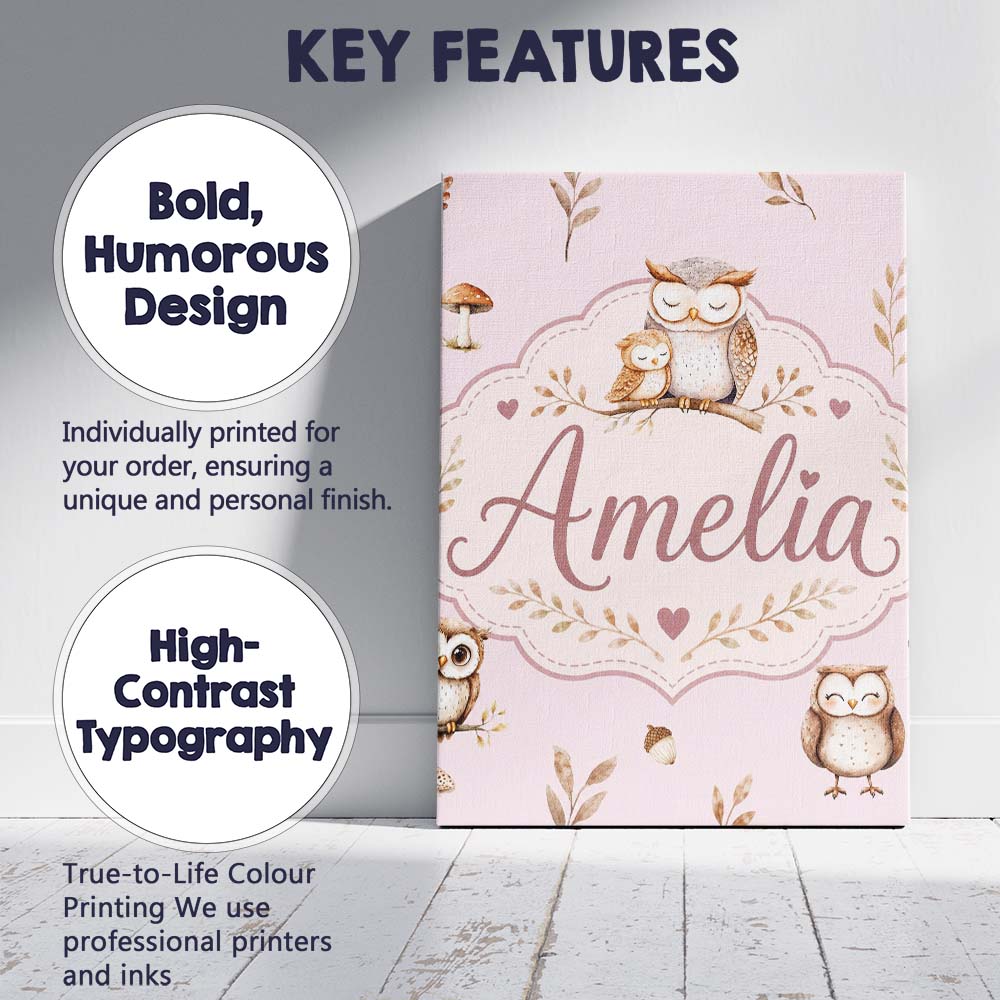 Personalised Name Cute Woodland Owls with Custom  Unique Gift Idea Elegant Feature Canvas Wall Art Print Decor Picture Ready to Hang