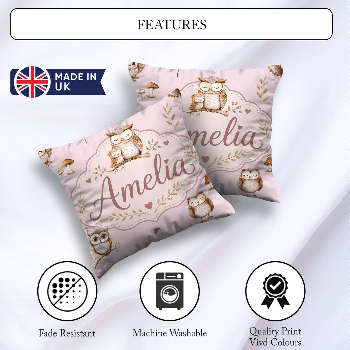 Custom Name Cute Woodland Owls with Leaves Soft Blush Background Square Filled Cushion Throw Pillow Sofa Bed Home Decor Zip Washable UK Made