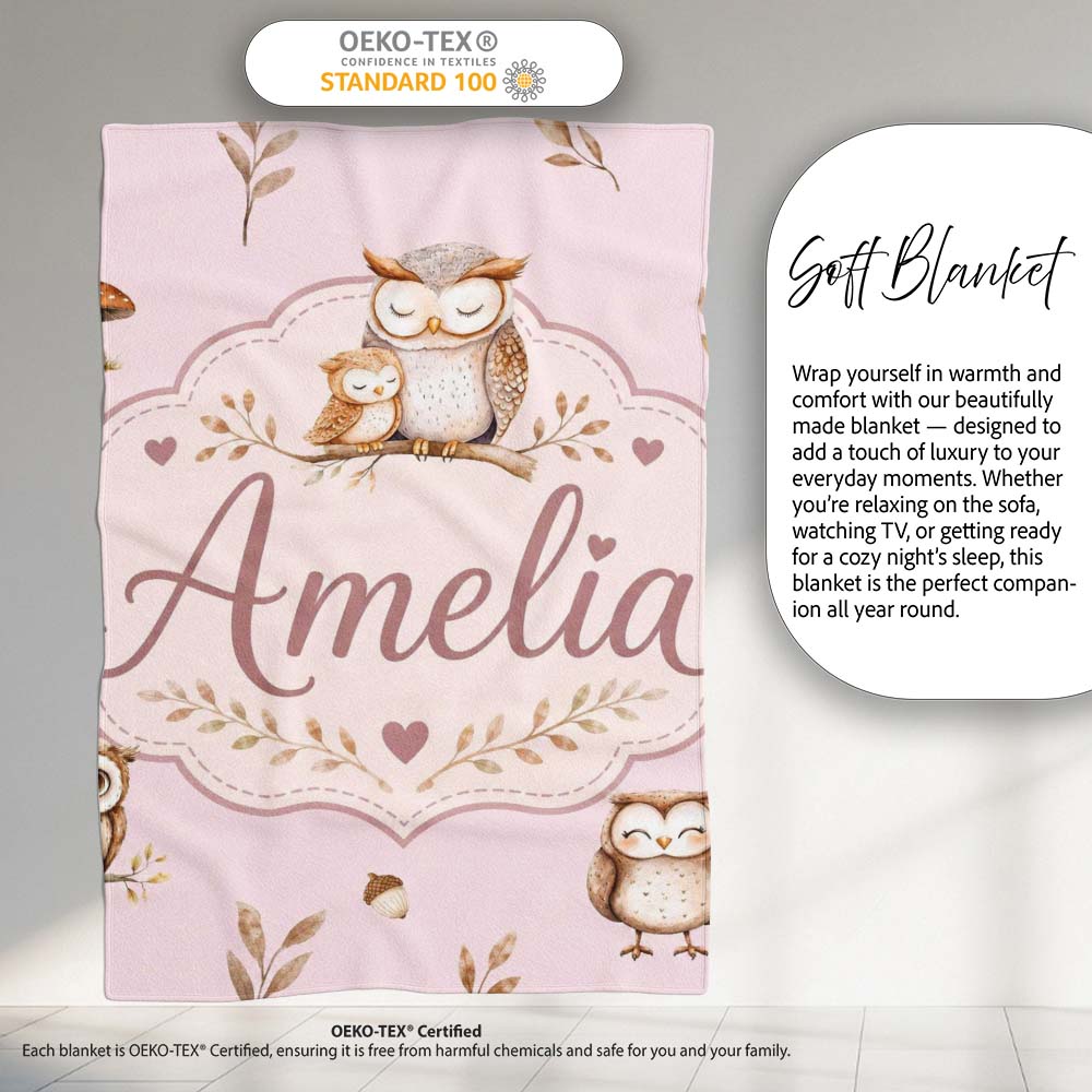 Cute Woodland Owls with Mushrooms Leaves Soft Blush Background  Personalised Custom Name Super Soft Fleece Blanket Bed Sofa Throw