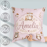 Custom Name Cute Woodland Owls with Leaves Soft Blush Background Square Filled Cushion Throw Pillow Sofa Bed Home Decor Zip Washable UK Made