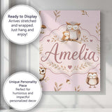 Personalised Name Cute Woodland Owls with Custom  Unique Gift Idea Elegant Feature Canvas Wall Art Print Decor Picture Ready to Hang