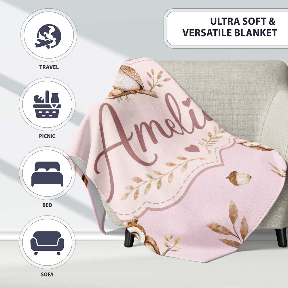Cute Woodland Owls with Mushrooms Leaves Soft Blush Background  Personalised Custom Name Super Soft Fleece Blanket Bed Sofa Throw