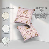 Custom Name Cute Woodland Owls with Leaves Soft Blush Background Square Filled Cushion Throw Pillow Sofa Bed Home Decor Zip Washable UK Made