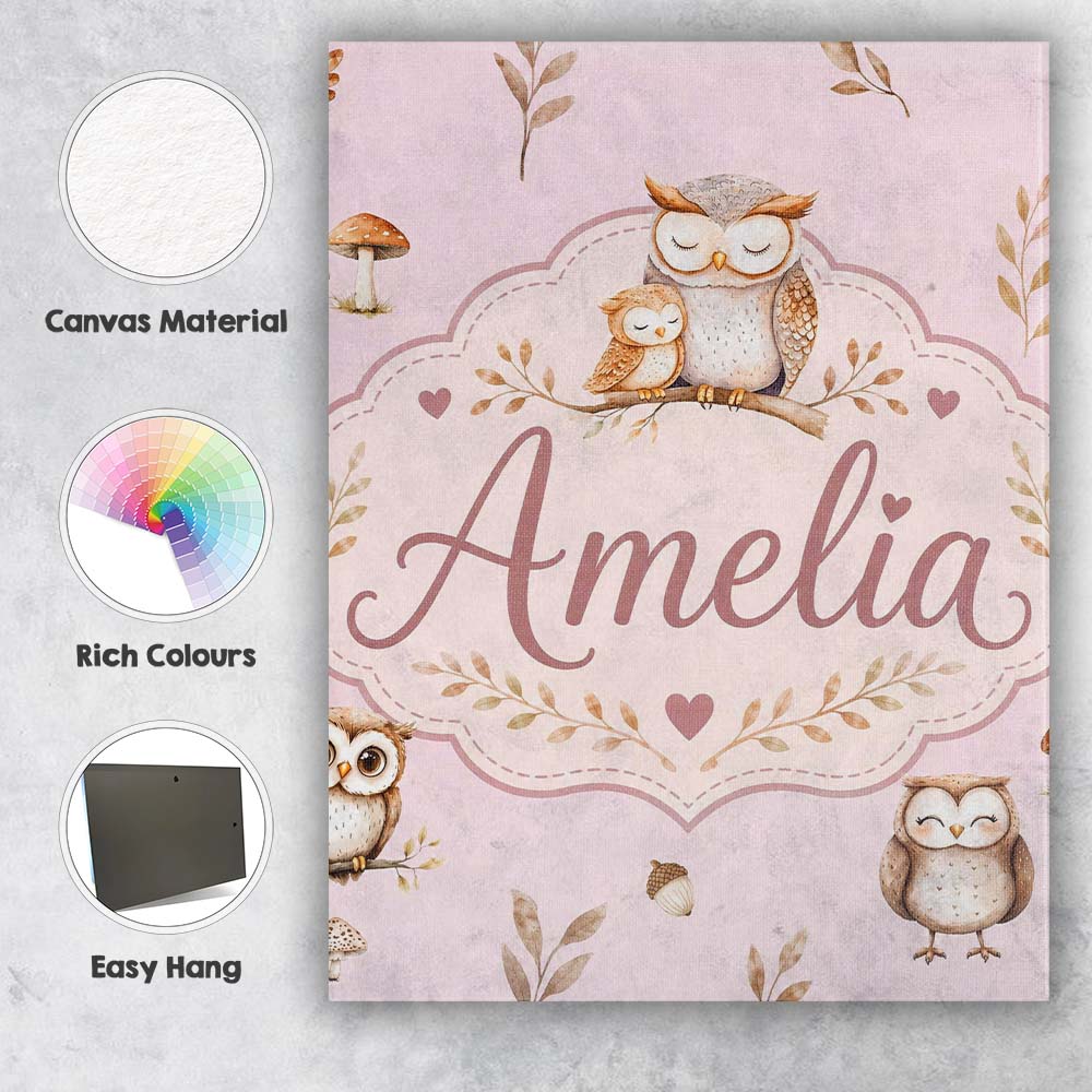 Personalised Name Cute Woodland Owls with Custom  Unique Gift Idea Elegant Feature Canvas Wall Art Print Decor Picture Ready to Hang