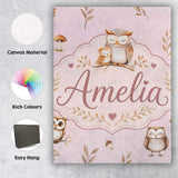 Personalised Name Cute Woodland Owls with Custom  Unique Gift Idea Elegant Feature Canvas Wall Art Print Decor Picture Ready to Hang