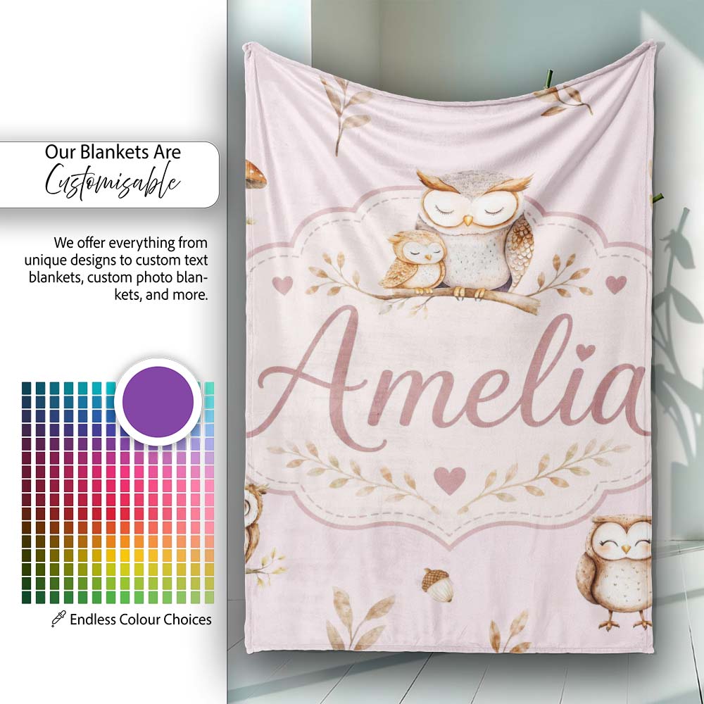 Cute Woodland Owls with Mushrooms Leaves Soft Blush Background  Personalised Custom Name Super Soft Fleece Blanket Bed Sofa Throw