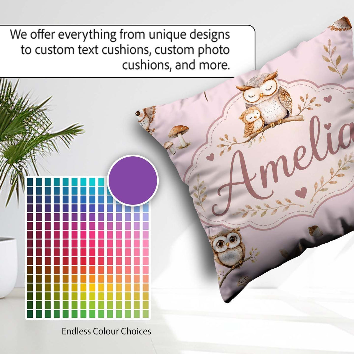 Custom Name Cute Woodland Owls with Leaves Soft Blush Background Square Filled Cushion Throw Pillow Sofa Bed Home Decor Zip Washable UK Made