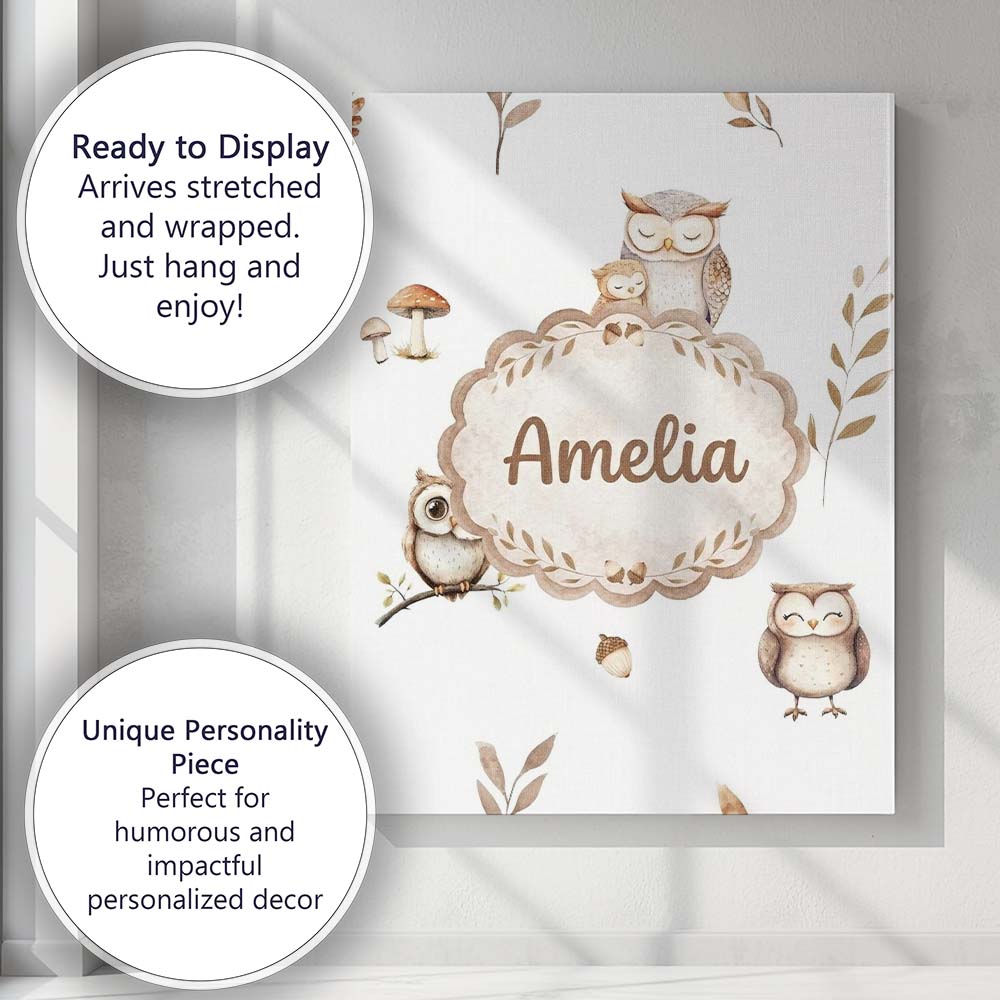 Personalised Name Cute Woodland Owls with Custom  Unique Gift Idea Elegant Feature Canvas Wall Art Print Decor Picture Ready to Hang