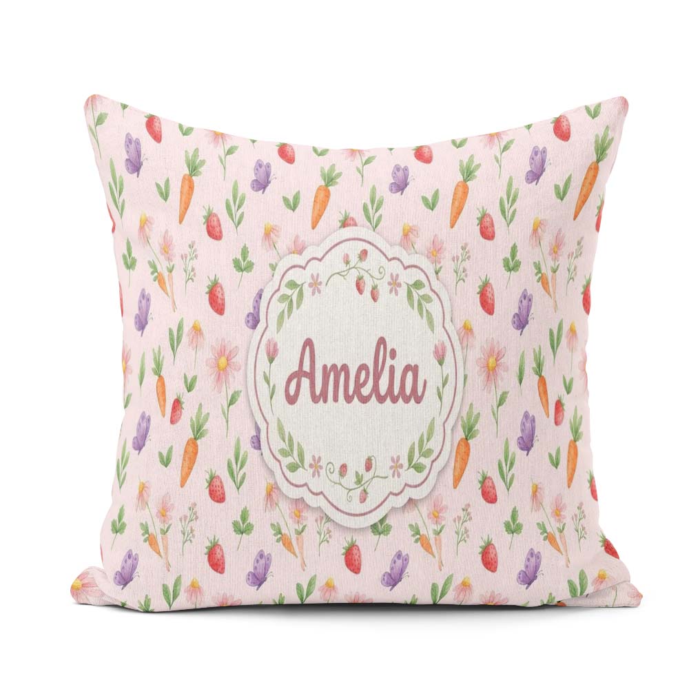 Custom Name Cute Easter Bunnies with Flowers Carrots Soft Cream Square Filled Cushion Throw Pillow Sofa Bed Home Decor Zip Washable UK Made