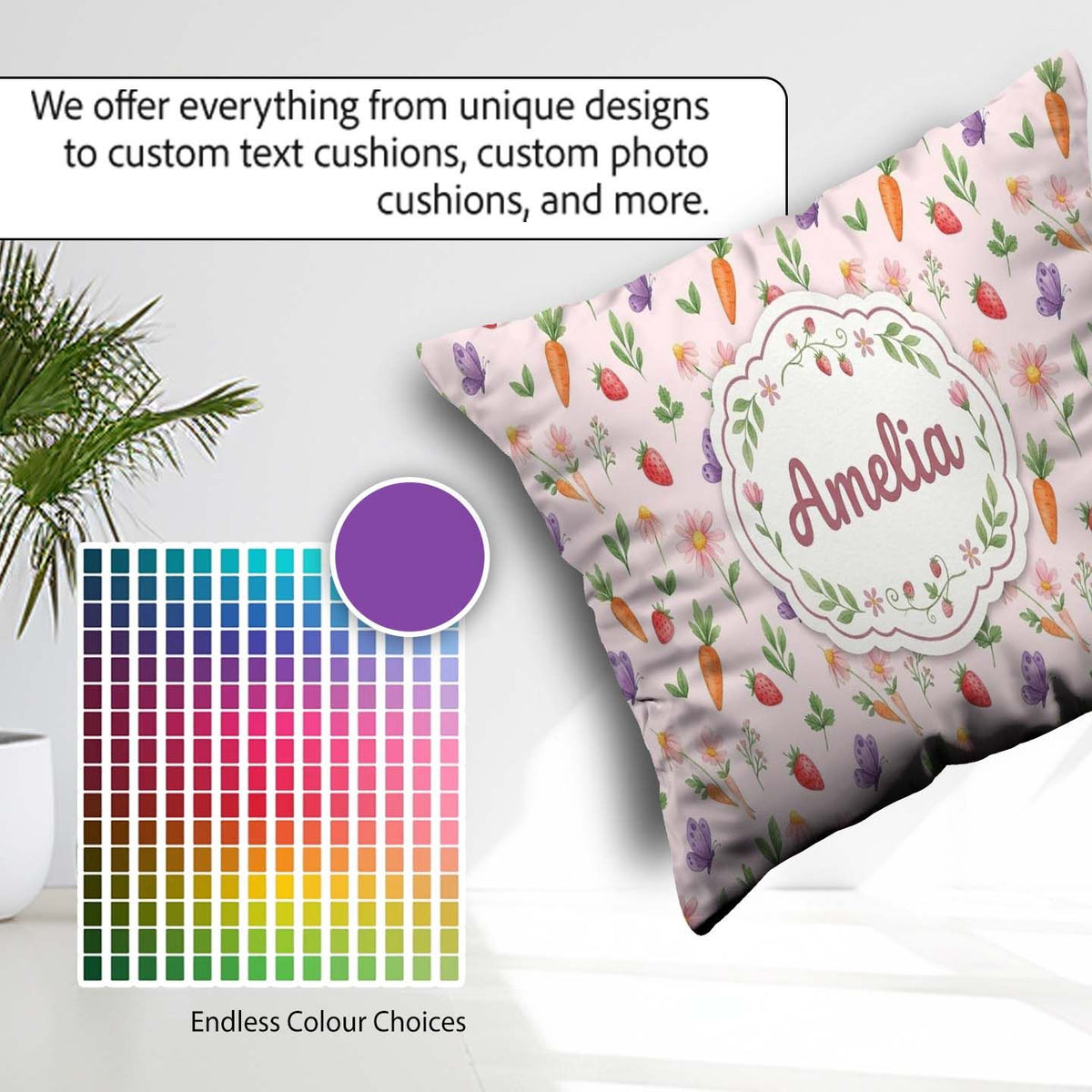 Custom Name Cute Easter Bunnies with Flowers Carrots Soft Cream Square Filled Cushion Throw Pillow Sofa Bed Home Decor Zip Washable UK Made