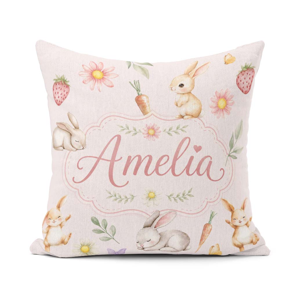 Custom Name Cute Easter Bunnies with Flowers Carrots Soft Beige Square Filled Cushion Throw Pillow Sofa Bed Home Decor Zip Washable UK Made
