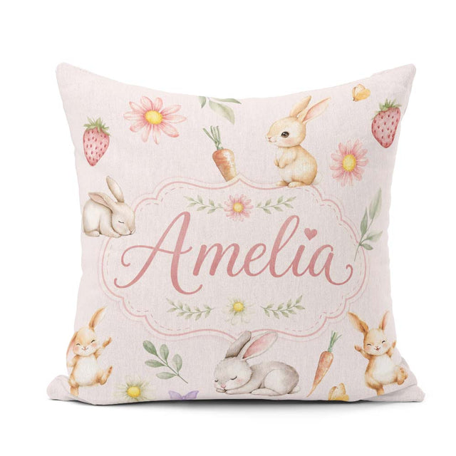 Custom Name Cute Easter Bunnies with Flowers Carrots Soft Beige Square Filled Cushion Throw Pillow Sofa Bed Home Decor Zip Washable UK Made