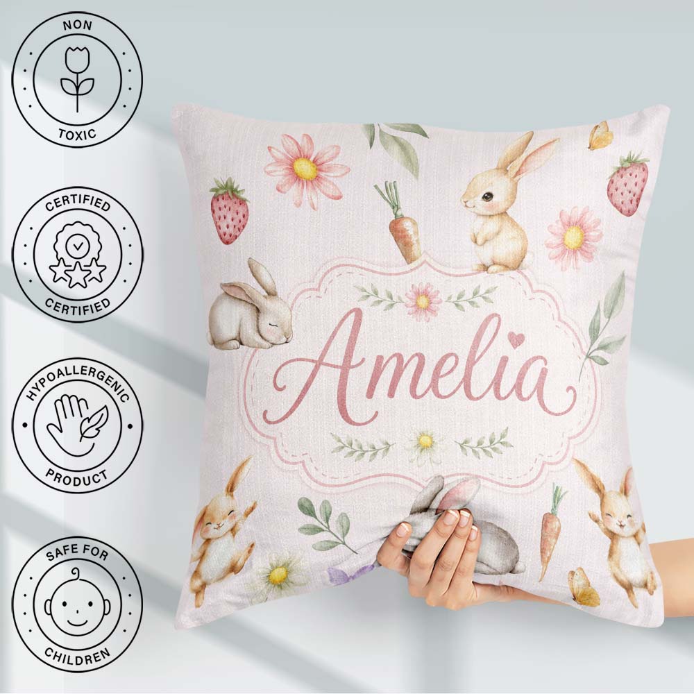 Custom Name Cute Easter Bunnies with Flowers Carrots Soft Beige Square Filled Cushion Throw Pillow Sofa Bed Home Decor Zip Washable UK Made