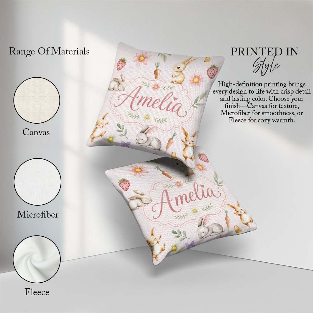Custom Name Cute Easter Bunnies with Flowers Carrots Soft Beige Square Filled Cushion Throw Pillow Sofa Bed Home Decor Zip Washable UK Made