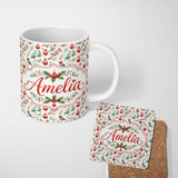 Personalized Custom Name Watercolor Christmas Birds Baubles Holly Leaves Festive Seamless 11oz Ceramic Coffee Tea Mug White Large Handle