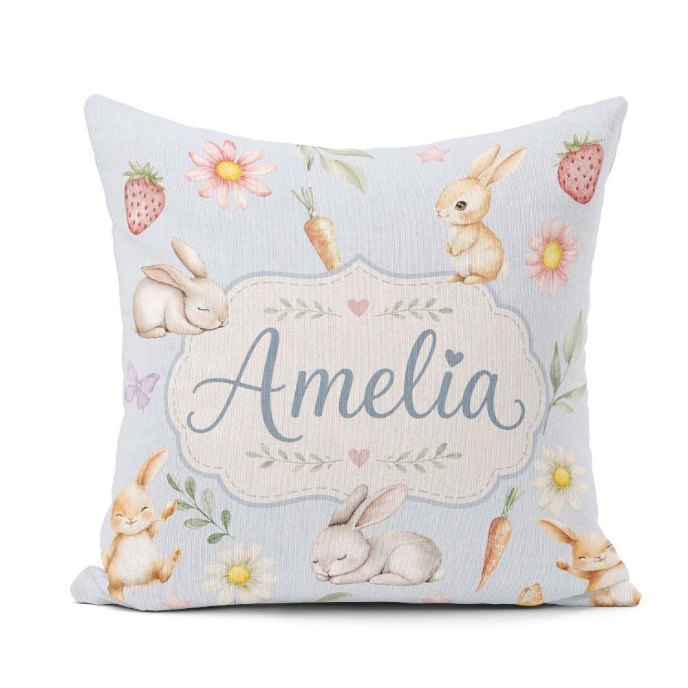 Custom Name Cute Easter Bunnies with Flowers Carrots Soft Blue Square Filled Cushion Throw Pillow Sofa Bed Home Decor Zip Washable UK Made