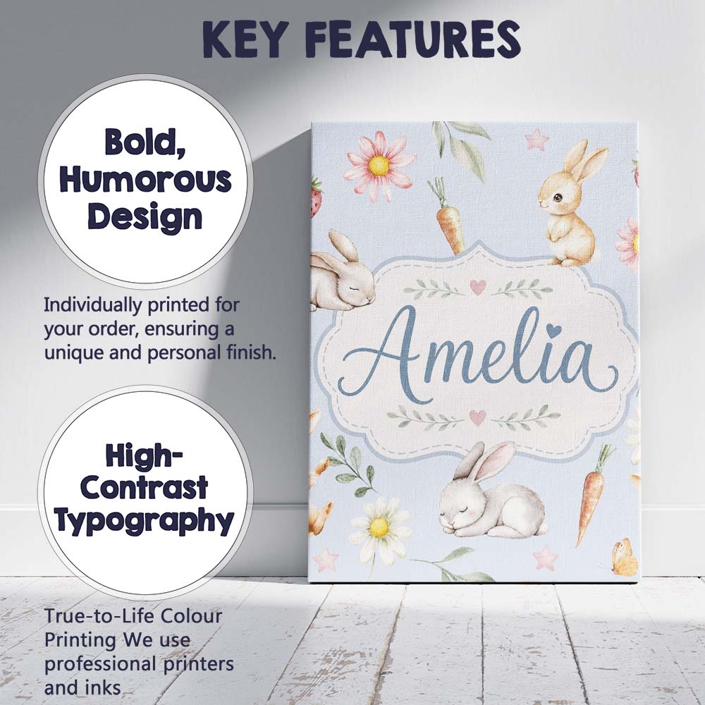 Personalised Name Cute Easter Bunnies with Custom  Unique Gift Idea Elegant Feature Canvas Wall Art Print Decor Picture Ready to Hang