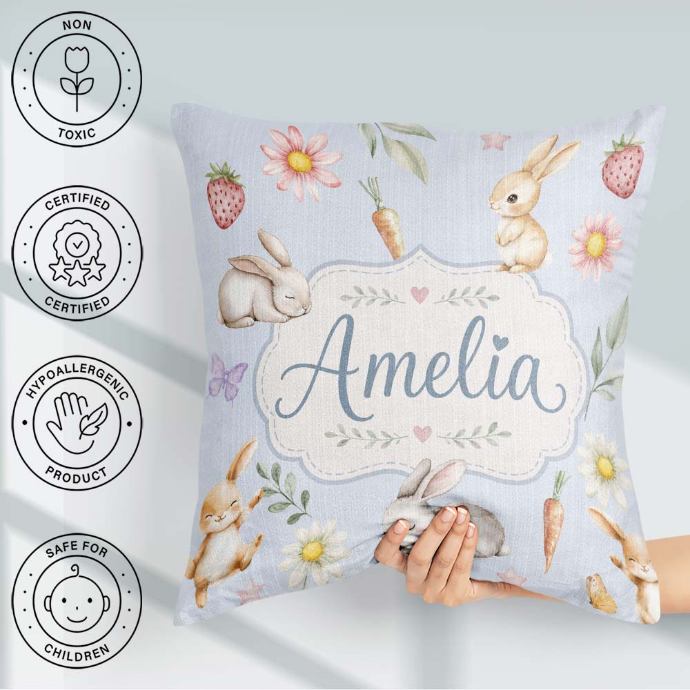 Custom Name Cute Easter Bunnies with Flowers Carrots Soft Blue Square Filled Cushion Throw Pillow Sofa Bed Home Decor Zip Washable UK Made
