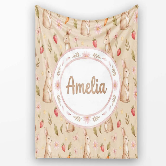 Easter Bunnies with Flowers Carrots Light Neutral Seamless Pattern  Personalised Custom Name Super Soft Fleece Blanket Bed Sofa Throw