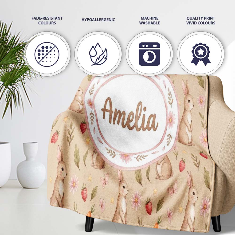 Easter Bunnies with Flowers Carrots Light Neutral Seamless Pattern  Personalised Custom Name Super Soft Fleece Blanket Bed Sofa Throw