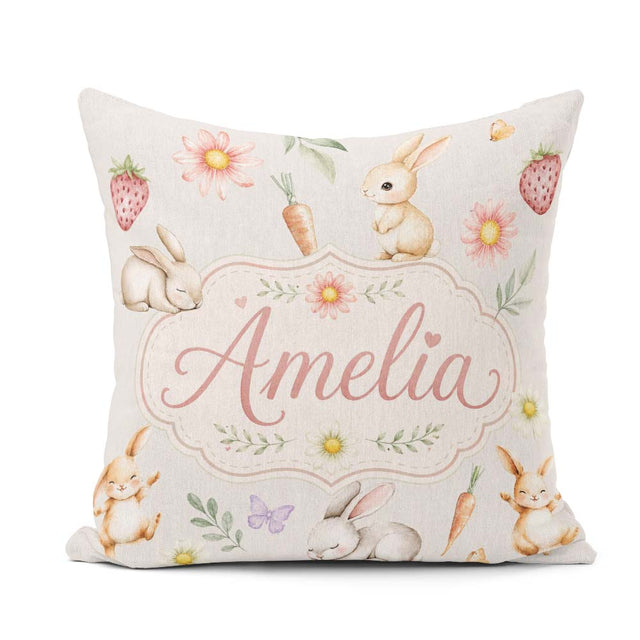 Custom Name Cute Easter Bunnies with Flowers Carrots Soft Grey Square Filled Cushion Throw Pillow Sofa Bed Home Decor Zip Washable UK Made