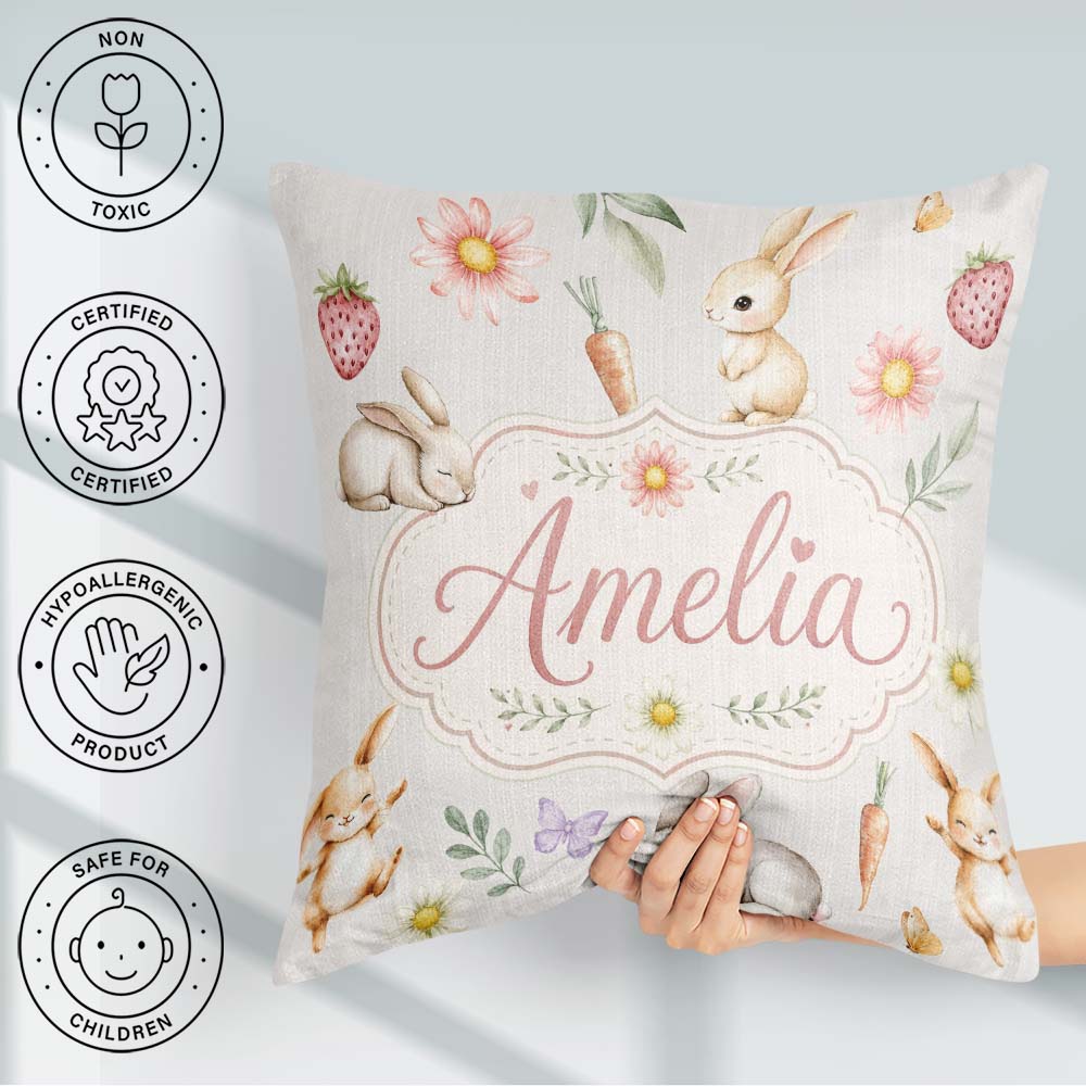 Custom Name Cute Easter Bunnies with Flowers Carrots Soft Grey Square Filled Cushion Throw Pillow Sofa Bed Home Decor Zip Washable UK Made
