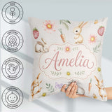 Custom Name Cute Easter Bunnies with Flowers Carrots Soft Grey Square Filled Cushion Throw Pillow Sofa Bed Home Decor Zip Washable UK Made