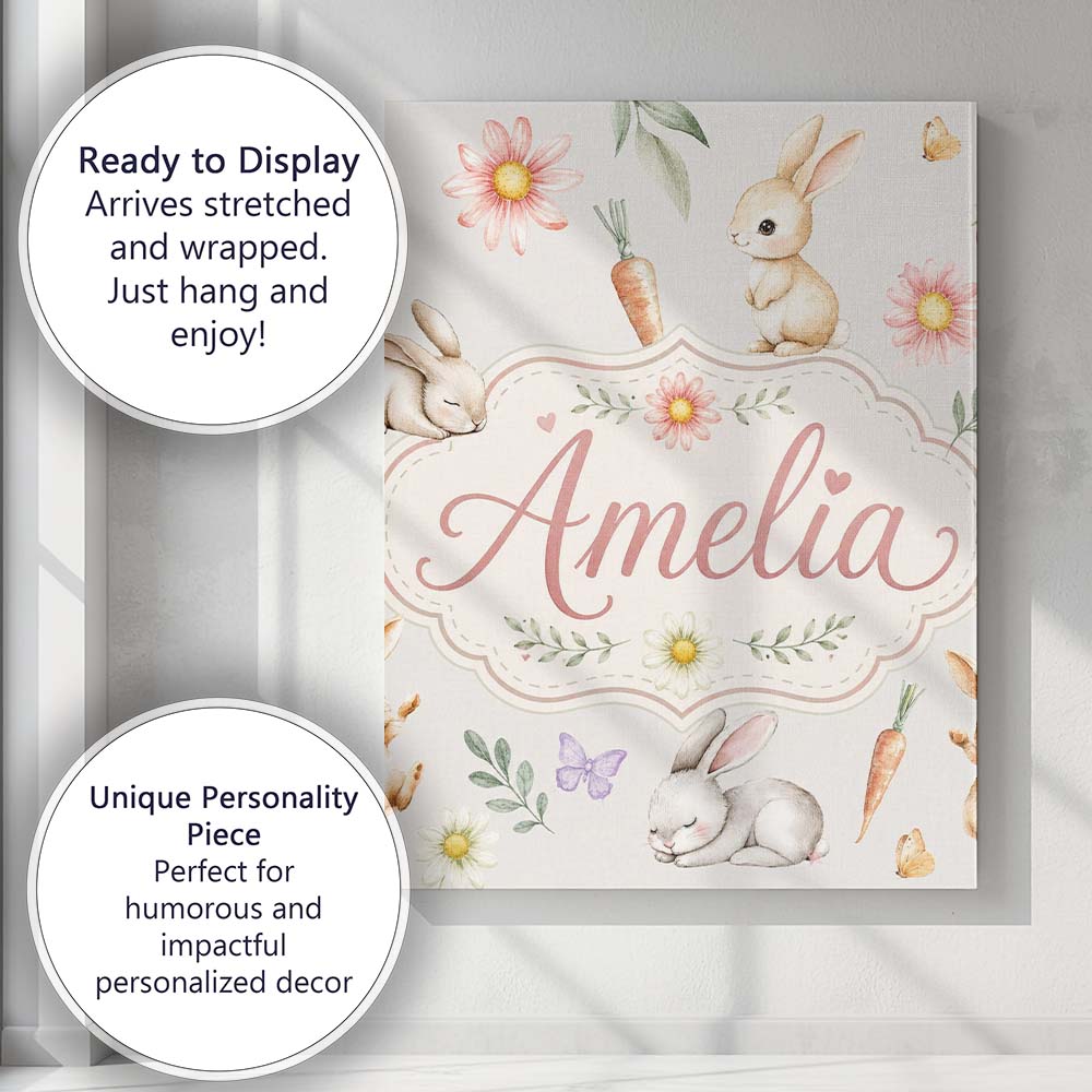 Personalised Name Cute Easter Bunnies with Custom  Unique Gift Idea Elegant Feature Canvas Wall Art Print Decor Picture Ready to Hang