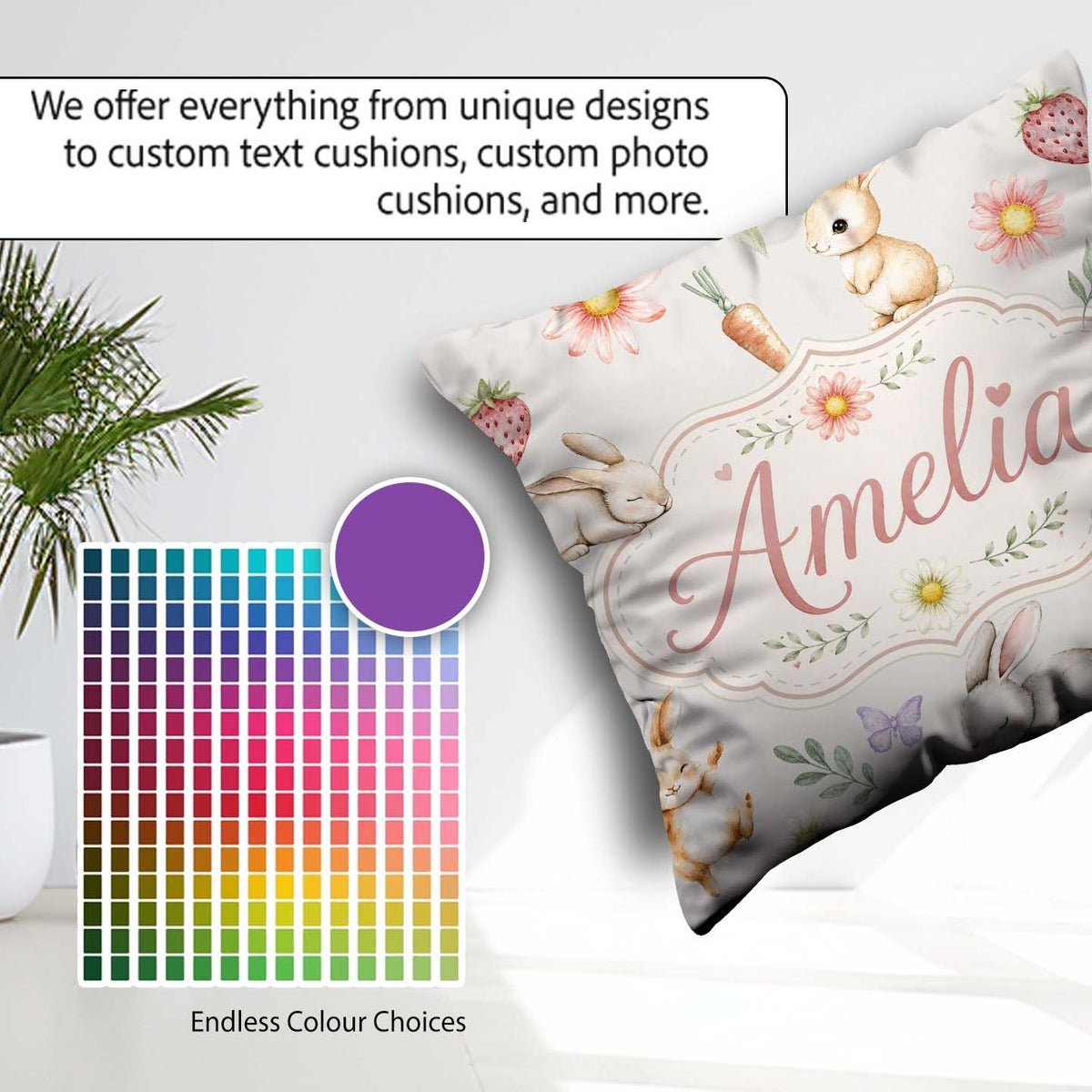 Custom Name Cute Easter Bunnies with Flowers Carrots Soft Grey Square Filled Cushion Throw Pillow Sofa Bed Home Decor Zip Washable UK Made
