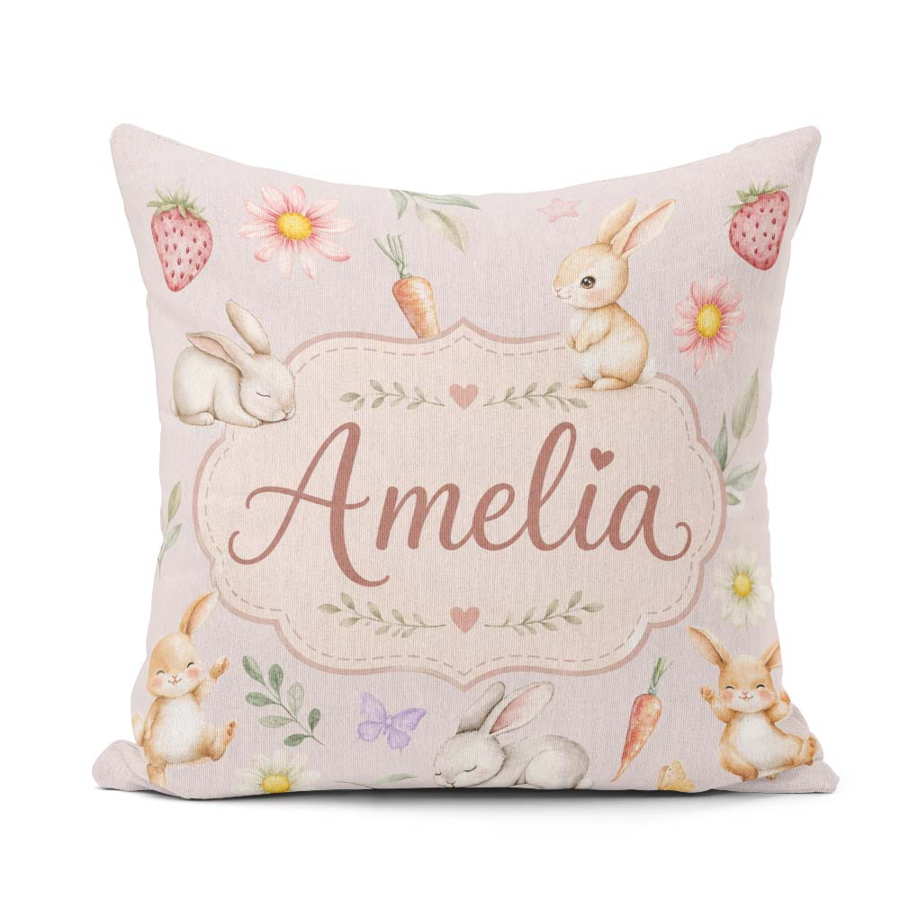 Custom Name Cute Easter Bunnies with Flowers Carrots Soft Pink Square Filled Cushion Throw Pillow Sofa Bed Home Decor Zip Washable UK Made