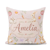 Custom Name Cute Easter Bunnies with Flowers Carrots Soft Pink Square Filled Cushion Throw Pillow Sofa Bed Home Decor Zip Washable UK Made