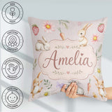 Custom Name Cute Easter Bunnies with Flowers Carrots Soft Pink Square Filled Cushion Throw Pillow Sofa Bed Home Decor Zip Washable UK Made