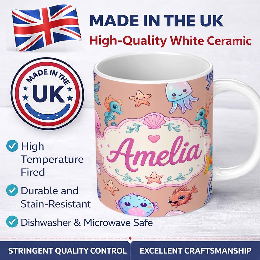 Personalized Custom Name Cute Kawaii Mermaid Seahorse Jellyfish and Starfish Peach Background 11oz Ceramic Coffee Tea Mug White Large Handle