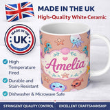 Personalized Custom Name Cute Kawaii Mermaid Seahorse Jellyfish and Starfish Peach Background 11oz Ceramic Coffee Tea Mug White Large Handle