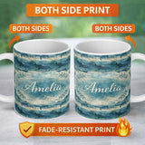 Personalized Custom Name Vintage Ocean Whale Seamless Pattern Textured Marine Animal Design 11oz Ceramic Coffee Tea Mug White Large Handle