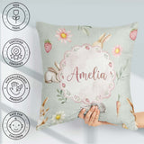 Custom Name Cute Easter Bunnies with Flowers Carrots Soft Sage Square Filled Cushion Throw Pillow Sofa Bed Home Decor Zip Washable UK Made