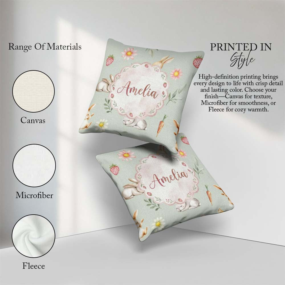Custom Name Cute Easter Bunnies with Flowers Carrots Soft Sage Square Filled Cushion Throw Pillow Sofa Bed Home Decor Zip Washable UK Made