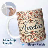 Personalized Custom Name Classic Red Fleur de Lis with Decorative Floral Motif on Neutral 11oz Ceramic Coffee Tea Mug White Large Handle