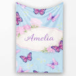 Vibrant Pink Purple Butterflies Sky Blue Seamless Pattern Lovely  Personalised Custom Name Super Soft Fleece Blanket Bed Sofa Throw
