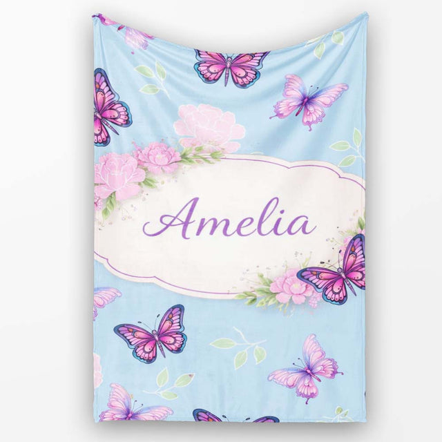 Vibrant Pink Purple Butterflies Sky Blue Seamless Pattern Lovely  Personalised Custom Name Super Soft Fleece Blanket Bed Sofa Throw
