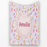 Cute Easter Bunnies with Flowers Carrots Soft Lilac Background  Personalised Custom Name Super Soft Fleece Blanket Bed Sofa Throw