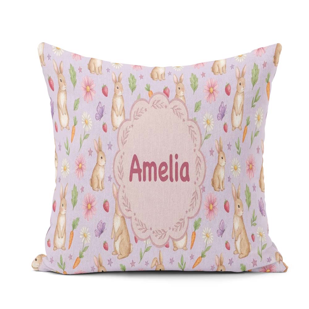 Custom Name Cute Easter Bunnies with Flowers Carrots Soft Lilac Square Filled Cushion Throw Pillow Sofa Bed Home Decor Zip Washable UK Made