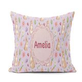 Custom Name Cute Easter Bunnies with Flowers Carrots Soft Lilac Square Filled Cushion Throw Pillow Sofa Bed Home Decor Zip Washable UK Made