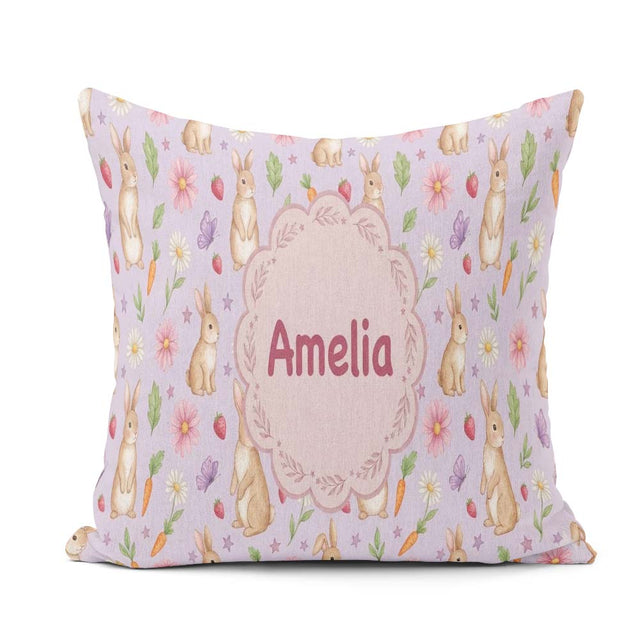 Custom Name Cute Easter Bunnies with Flowers Carrots Soft Lilac Square Filled Cushion Throw Pillow Sofa Bed Home Decor Zip Washable UK Made
